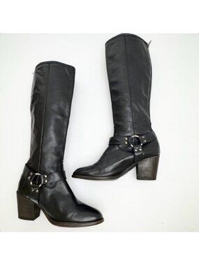 Frye Essa buckle Black Leather Seam Harness tall Riding Zipper Dress Boot 9.5 B